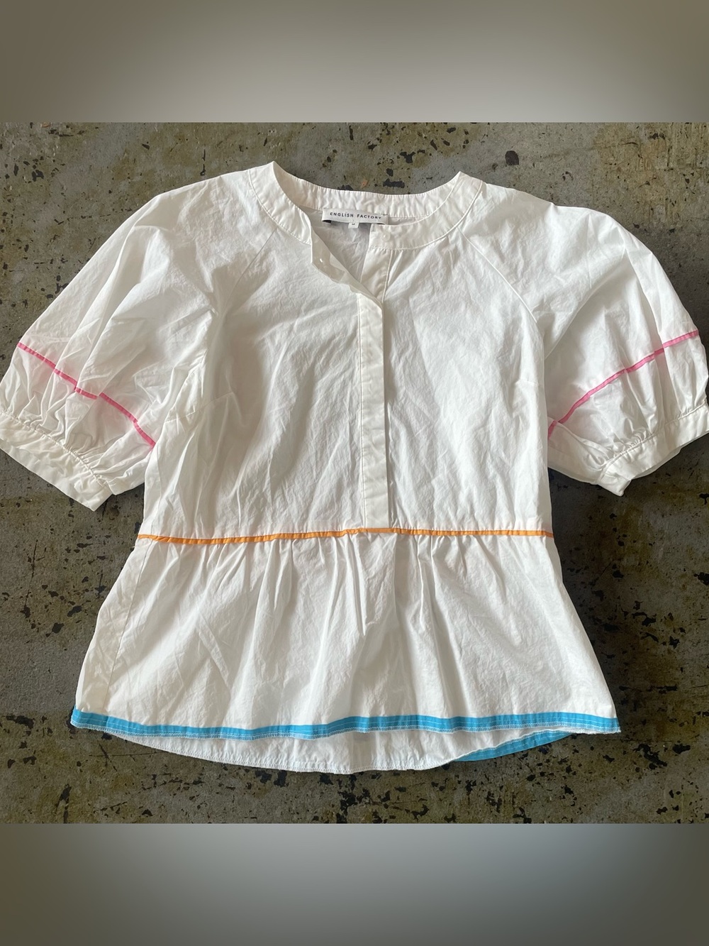 English Factory White Peplum Top with Colorful Contrast Piping Detail Size M